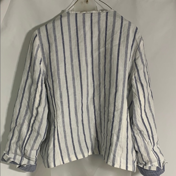 Chico’s Stripe Linen Blend Open Frayed Edge No Collar Blazer Jacket  Size 12 - Picture 2 of 7